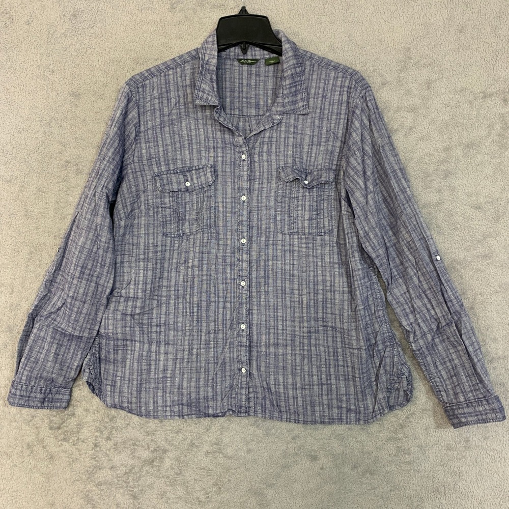 Eddie Blue White Textured Plaid Cotton Button Up Roll Tab Shirt Women's XL